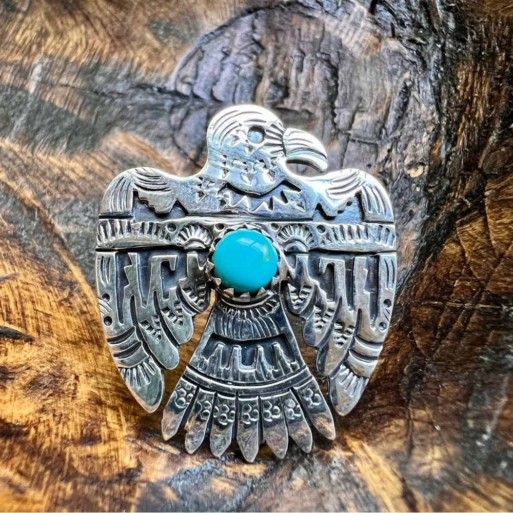 925 Sterling Silver Turquoise Thunderbird Statement Ring Size 9+